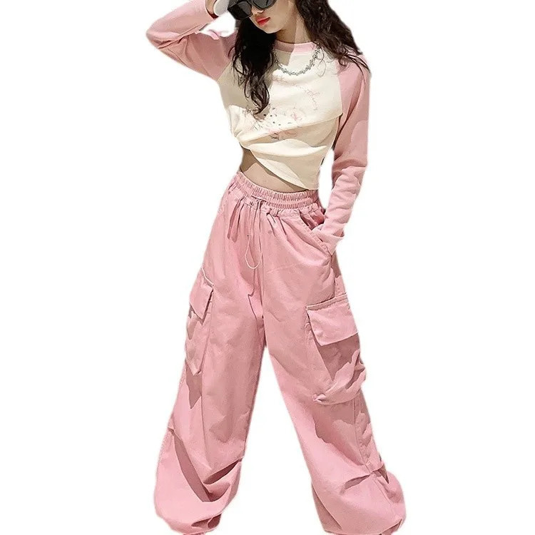 2025 spring summer Kids tracksuit Children set Girls Clothes crop top T-Shirt wide leg Cargo Pants Teens 4 5 6 8 10 11 12 year 250407