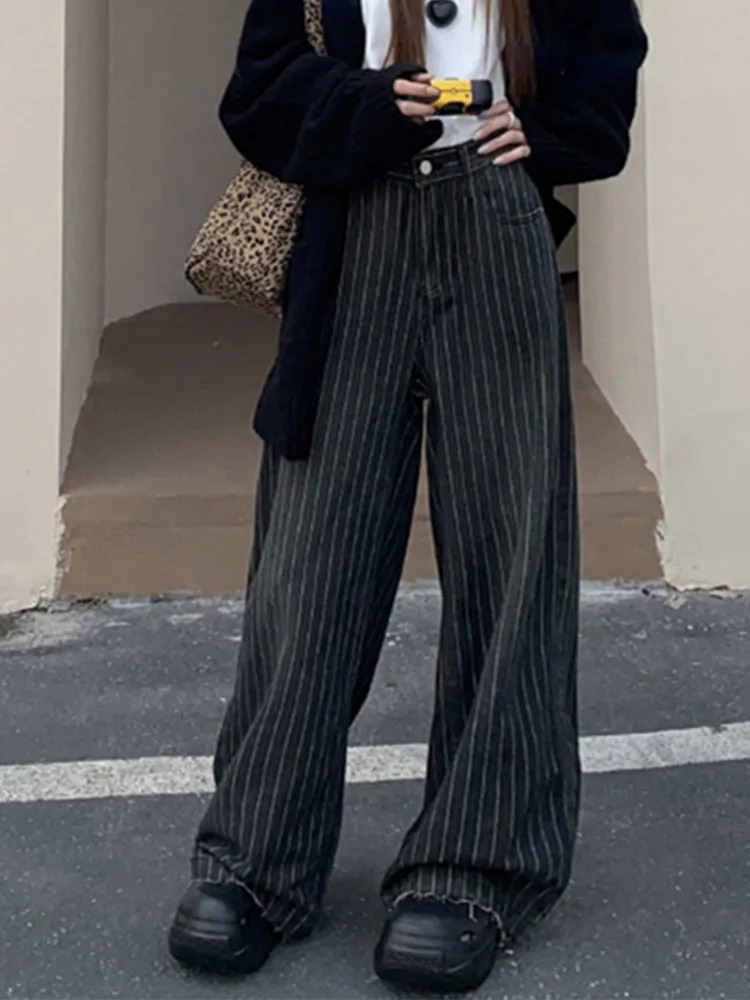 Ropa Y2K Fashion Retro Striped Wide Leg Luggage Jeans Womens Dress Straight Wash Black Casual Women Trouser 250407