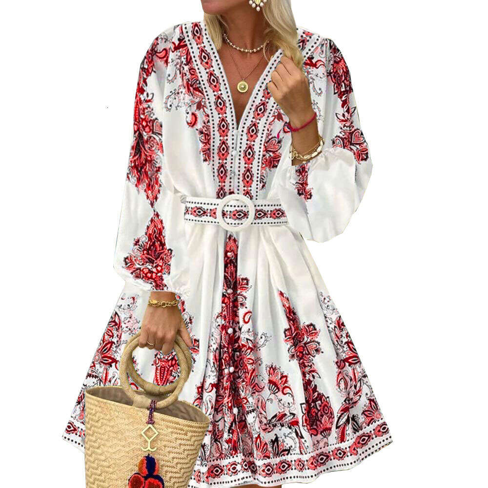 In Stock 2025 Spring and Autumn New Fashion V-Neck Long Sleeve Bohemian Print Dress for Women