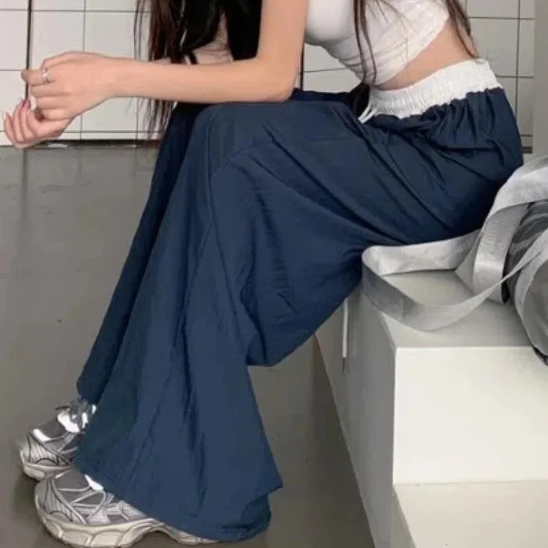 Fashionable matching loose womens wide leg pants elastic waist drawstring patch work straight casual streetwear sportswear 250407