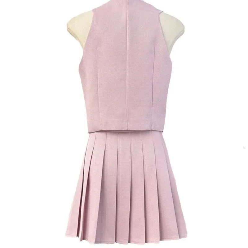French Style Single Button Slit Suit Vest Womens High Waist Pleated Mini Skirt Two Piece Set Summer Fashion Elegant Classy 250408