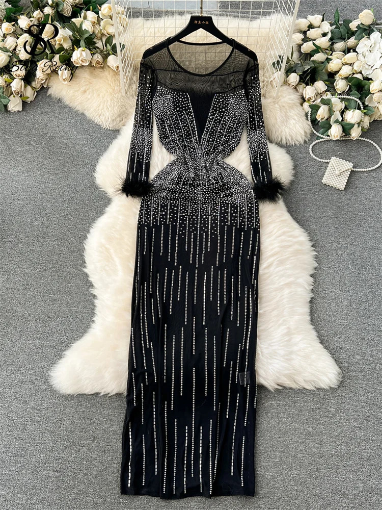 SINGREENY Bodycon Long Skirt European O-neck Long sleeved Feathered Womens High end Mesh Transparent Diamond Dress 250402