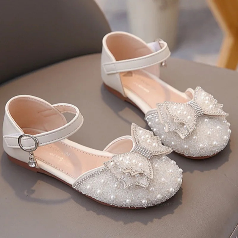 Girls Princess Shoes Spring And Summer Sandals White Flat Dress Shoes Pearl Decoration For Kids And Teens 250408