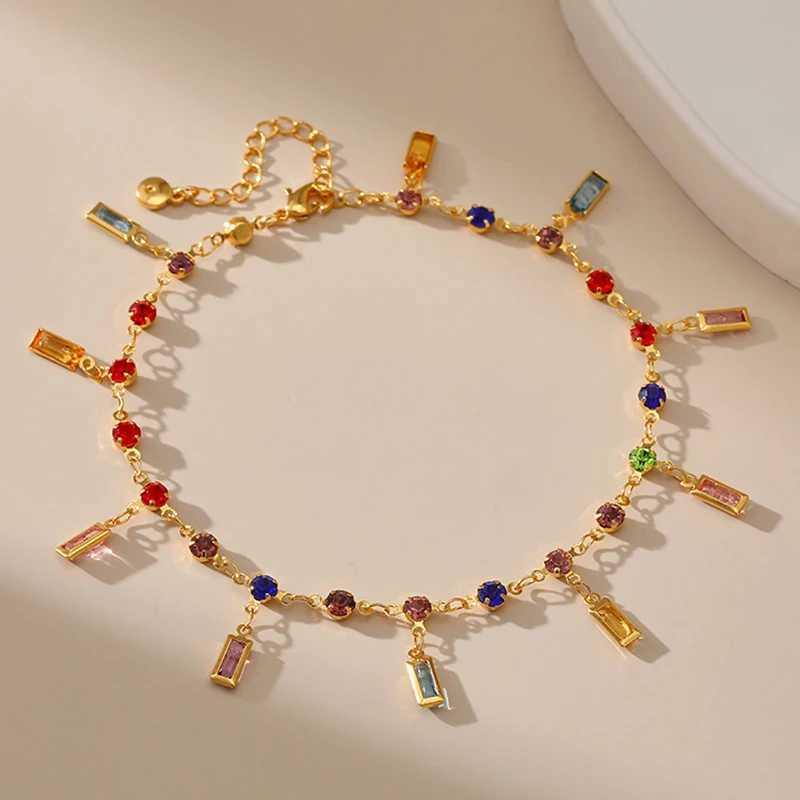 Vintage 18k Gold Plated Anklets With Long Strip Colored Crystal Pendant Exquisite Bohemian Style Women Jewelry Accessories Z250408