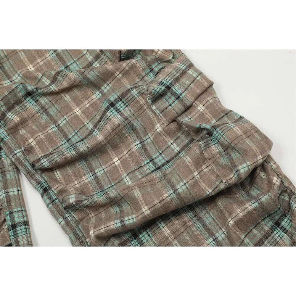 Pleated Plaid Cargo Pants Mens Pocket Hip Hop Streetwear Drawstring Elastic Waist Wide Leg Trousers Men