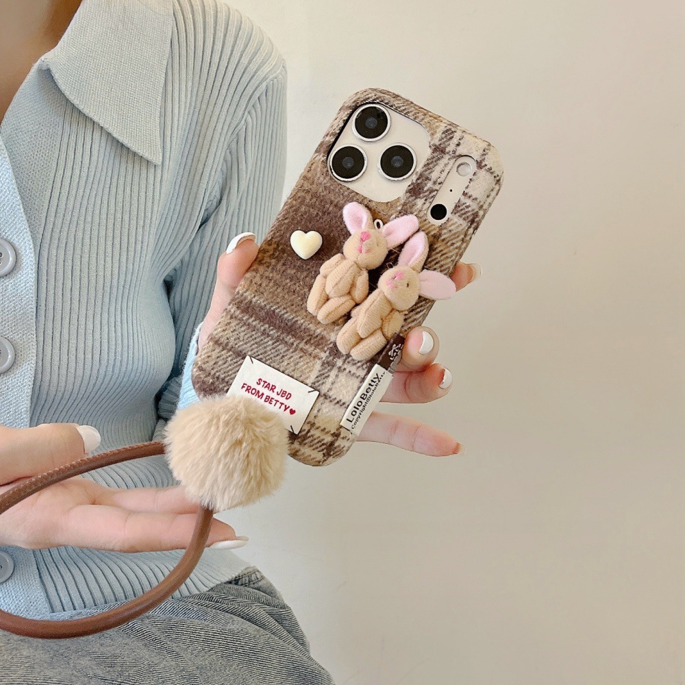Velvet Plaid 3D Bear Phone Case Suitable for iPhone 17 Pro Max Plush Lanyard iPhone 16/15 Pro 14