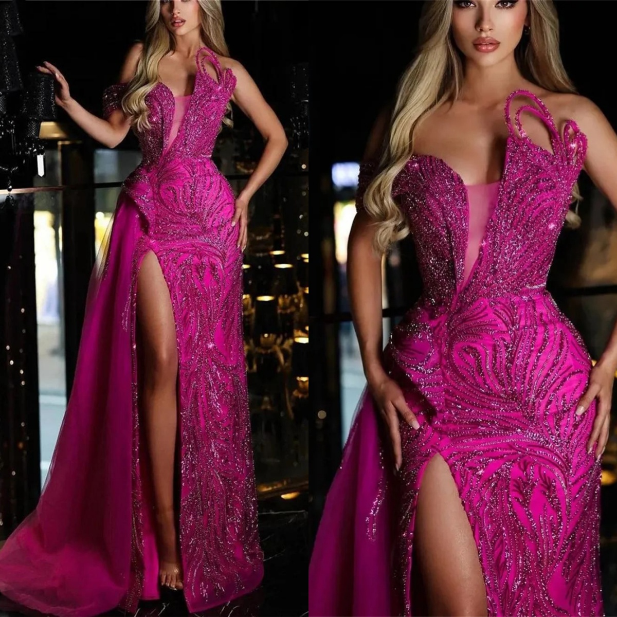 Sexy Mermaid Evening Dress Sequins Beading Strapless Prom Gown Sleeveless High Splits Floor-Length Celebrity Dresses Customized