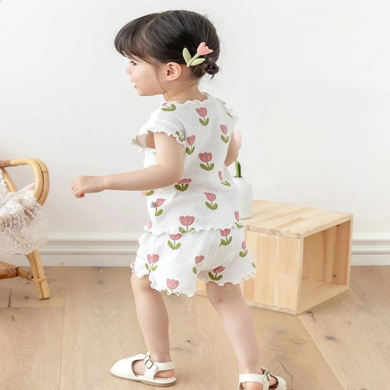 Girls Cute Flowers Pajamas Set Lightweight Short Sleeve Shorts Kids Loungewear Baby Thin Breathable Air Conditioned Homewear 250408