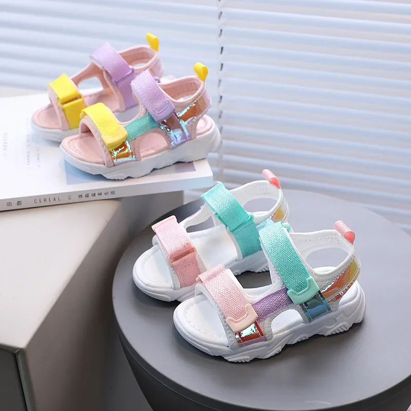 Summer Children Sport Sandals Breathable Mesh Soft Bottom Baby Girls Boys Shoes Colorful Reflective PU Leather Shoes Kids G04243 250407