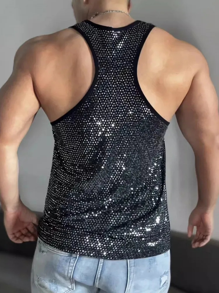 Mens summer shiny sequin vest gym fitness T-shirt er casual night club outfit top training slim fit with T-shirt 250402