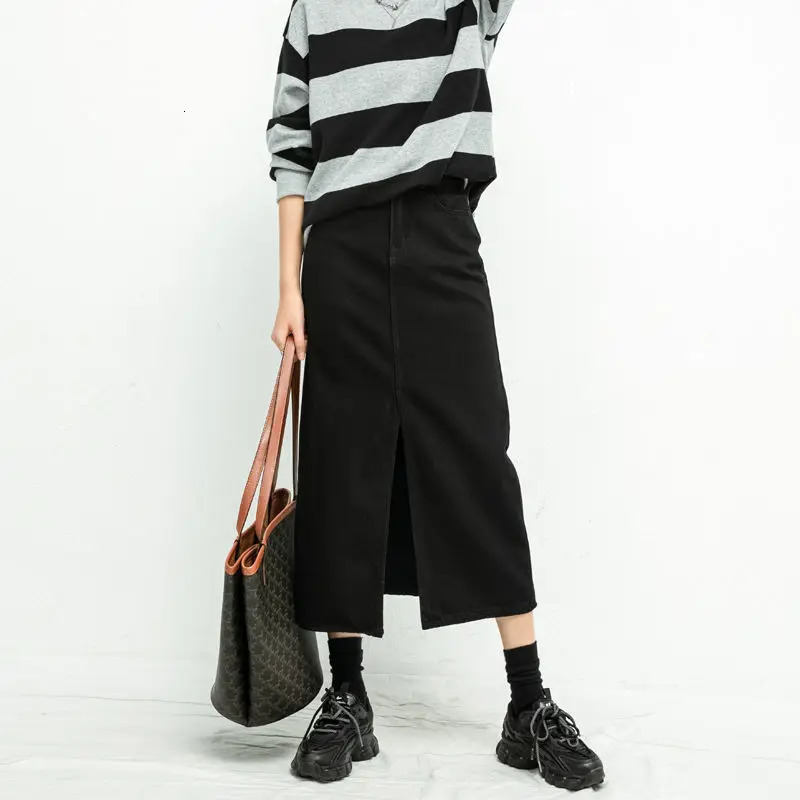 Split Denim Skirt For Women High Waisted Loose A-line Skirt Korean Elegant Black Skirts Autumn Fashion Mid length Skirts 250408