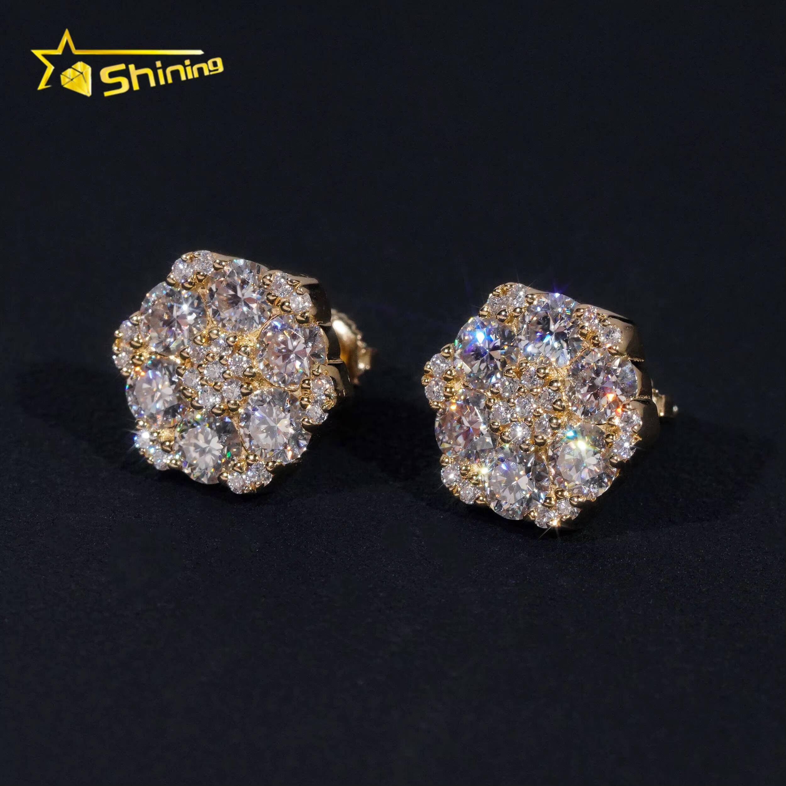 Fine Jewelry Big Luxury Cluster Flower Hip Hop 925 Sterling Diamond Earrings Real HPHT Lab Grown Diamond Earrings 925 Solid Gold Round Cut Studs for W