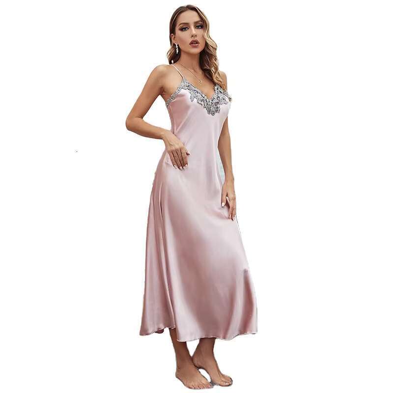 OEM ODM Hot Sale Satin Pamas Female Lace Sexy V-Neck Long Style Suspender Nightdress Ice Silk Nightgown Slip Skirt