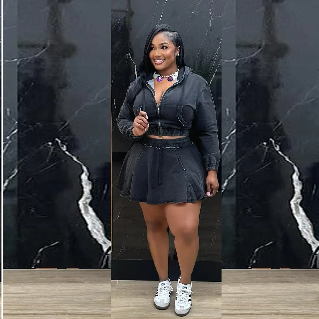 CM.YAYA Denim Women Set Street Long Sleeve Hooded Jacket and A-line Ball Gown Skirt Suits Two 2 Piece Jeans Set Summer Tracksuit 250408