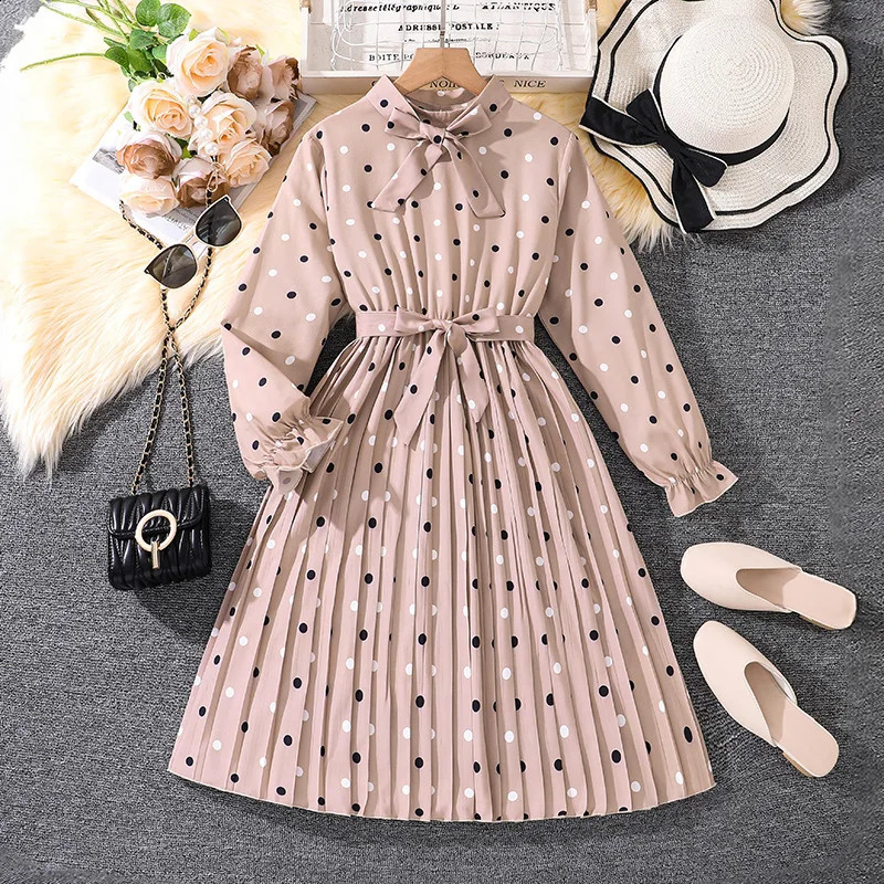 Kids Casual Dress for Girls Clothes Autumn Winter Children Fashion Dot Print Long Sleeve A-line Dress with Belt 7-14Y 250408