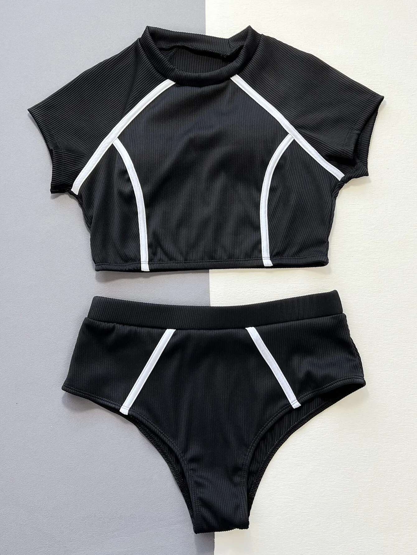 Dongdumaoyi Push Up Bikinis Women Swimsuit Black Short Sleeve Crop Top With High Waist Pants Swimwear Bathing Suit Two Piece Bikini Set