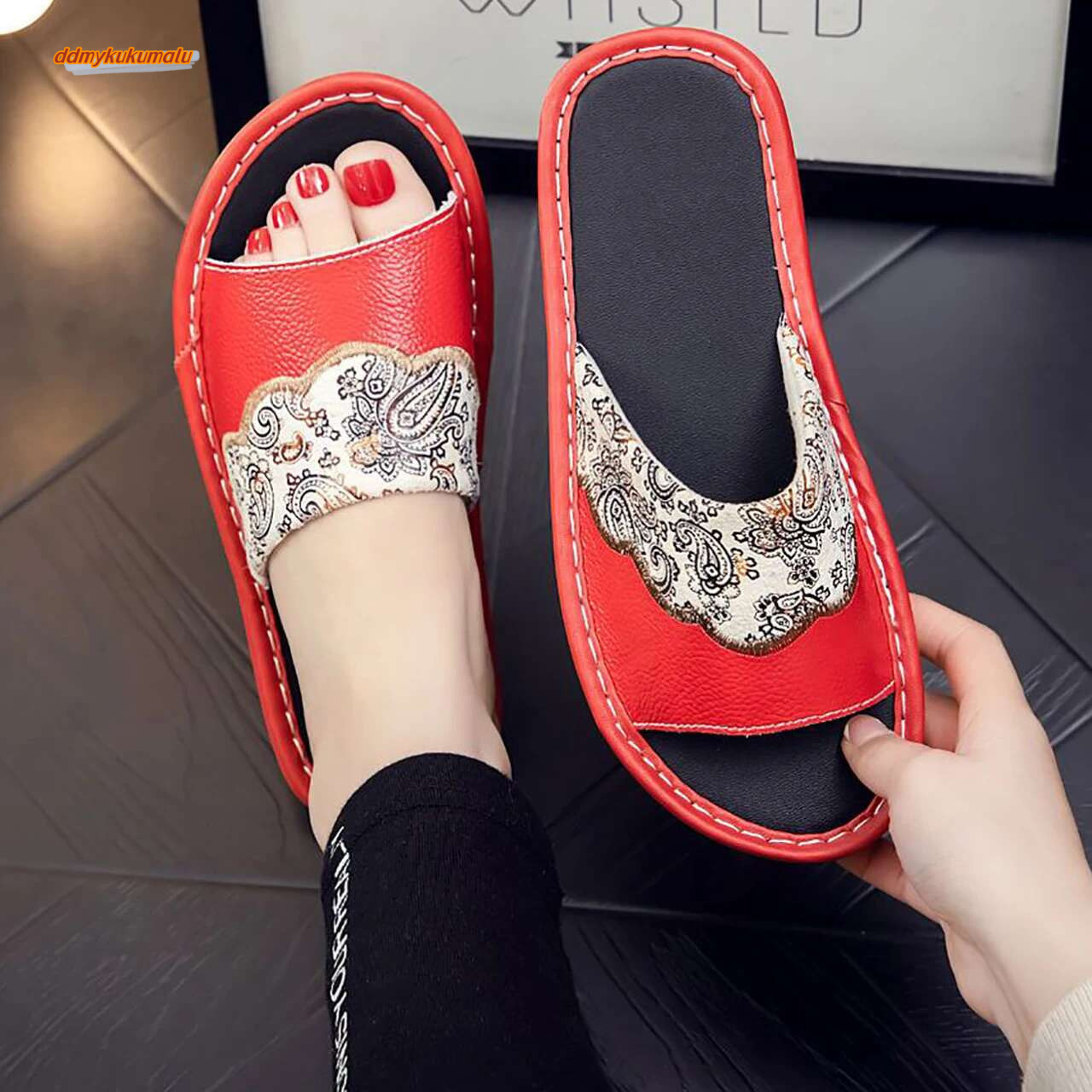 Genuine Leather Cowhide Men Women's Summer Flats Beach Light Designer Shoes Comfortable Couple Slippers ddmykukumalu