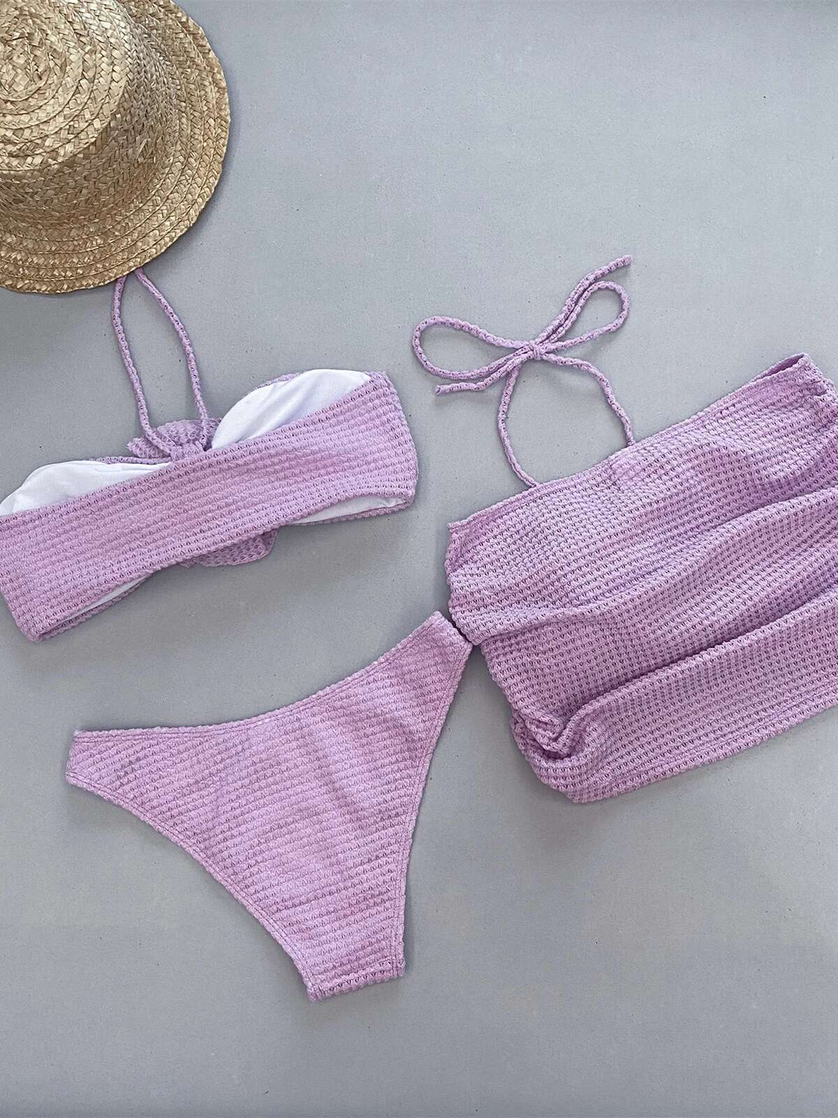 Dongdumaoyi Piece Purple White Bikini Set Women Bandeau Big D Flower Designer Swimsuit Beach Push Up Bathing Suit Skirt Swimwear