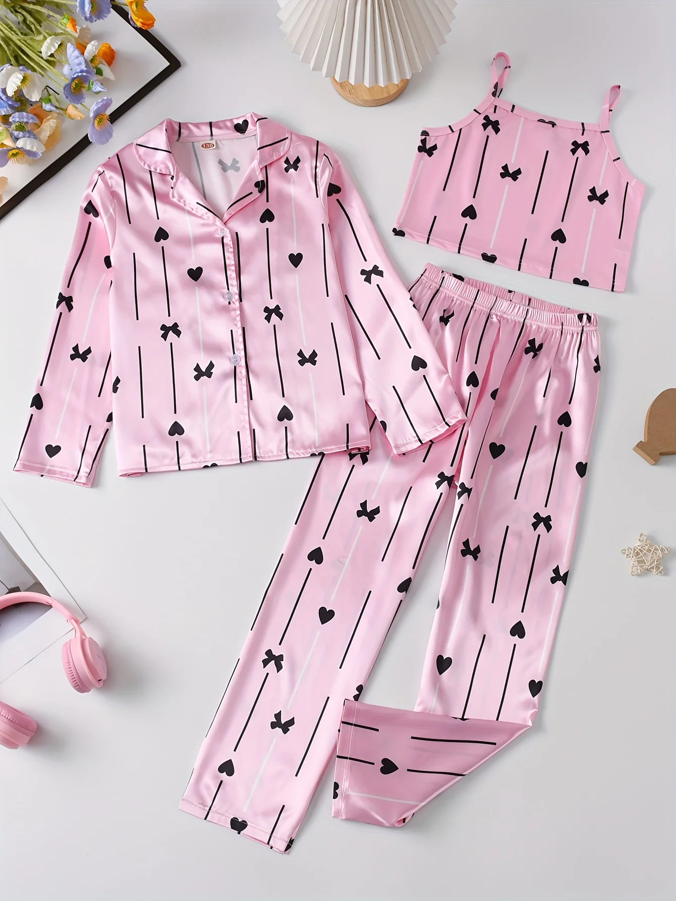 3-Piece Girls Striped Print Satin Pajama Set - Soft Breathable Loungewear with Button Up Lapel Collar Blouse Cami Top Pants 250407