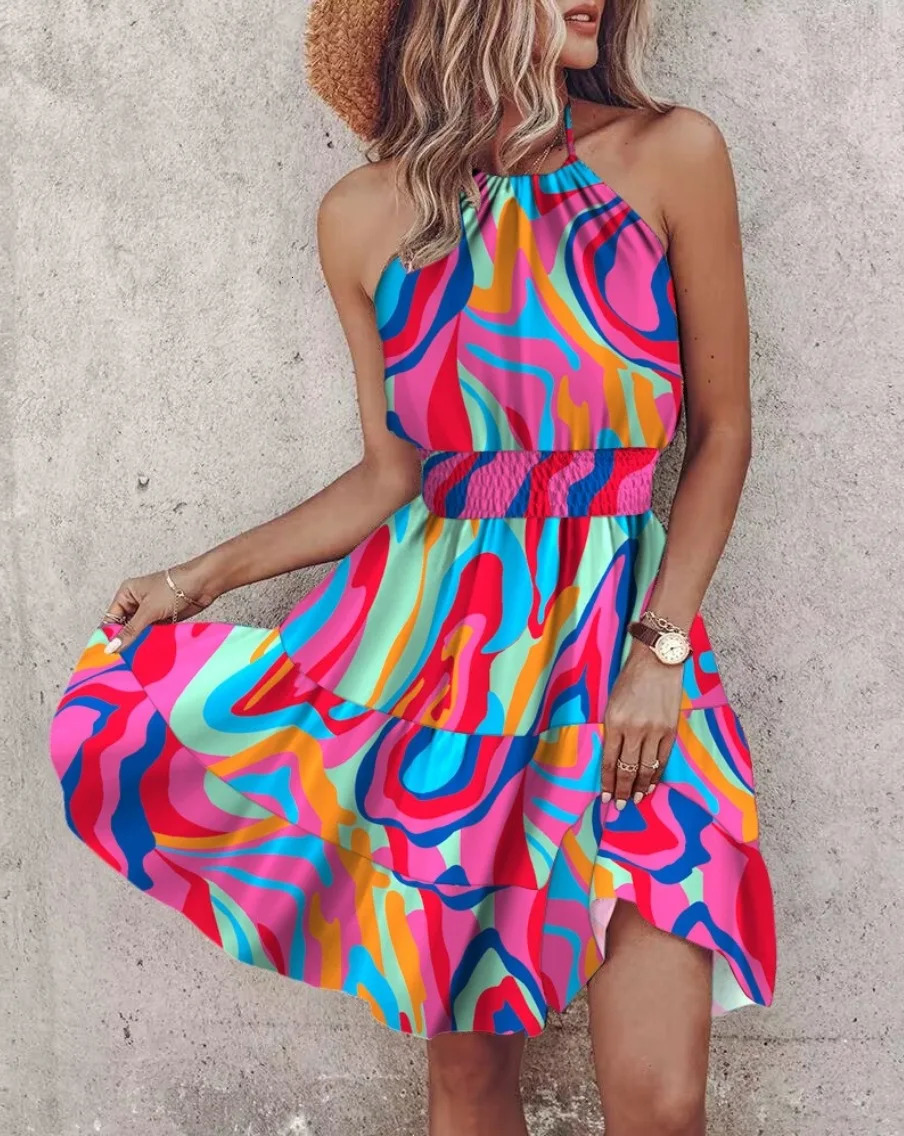 Summer Bohemian Mini Dress Womens Sexy Flower Printed Strap Dress Womens Casual Sleeveless Beach Holiday Dress Jurken Women 250401