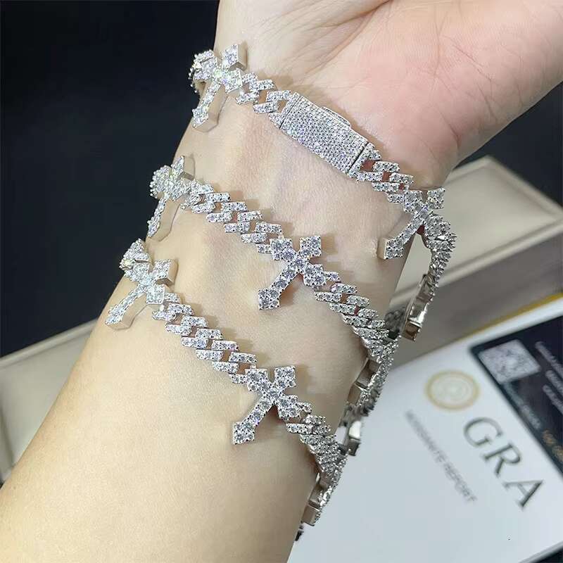 Fashion Jewelry Iced Out Cross Design Moissanite Cuban Chain Bracelet 6mm Hip Hop Bracelet 925 Silver Cuban Link Bracelet