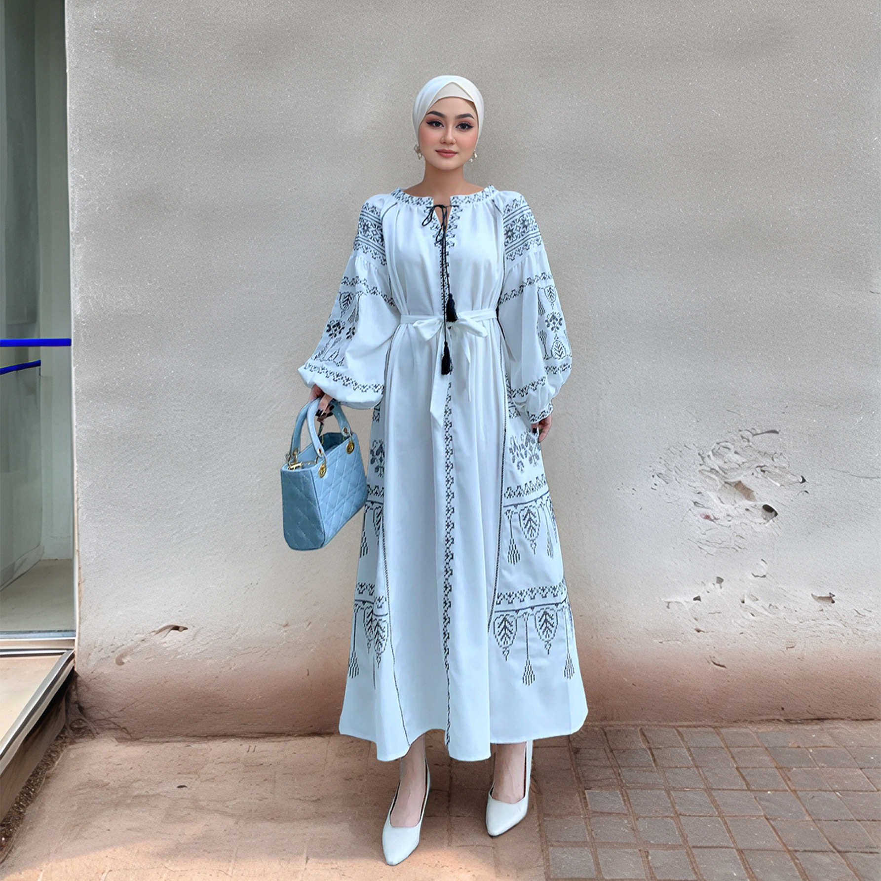 M Malay Indonesian Muslim Women S Heavy Duty Embroidered Lantern Sleeve Cotton Hemp Dress