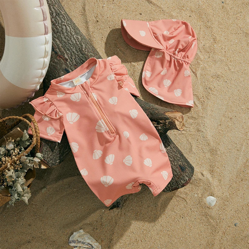 MISOWMNJOY Infant Baby Girl Summer Swimsuit Rash Guard Kids Beachwerar Short Sleeve Mermaid Kids Bathing Suit with Swim Cap 250407