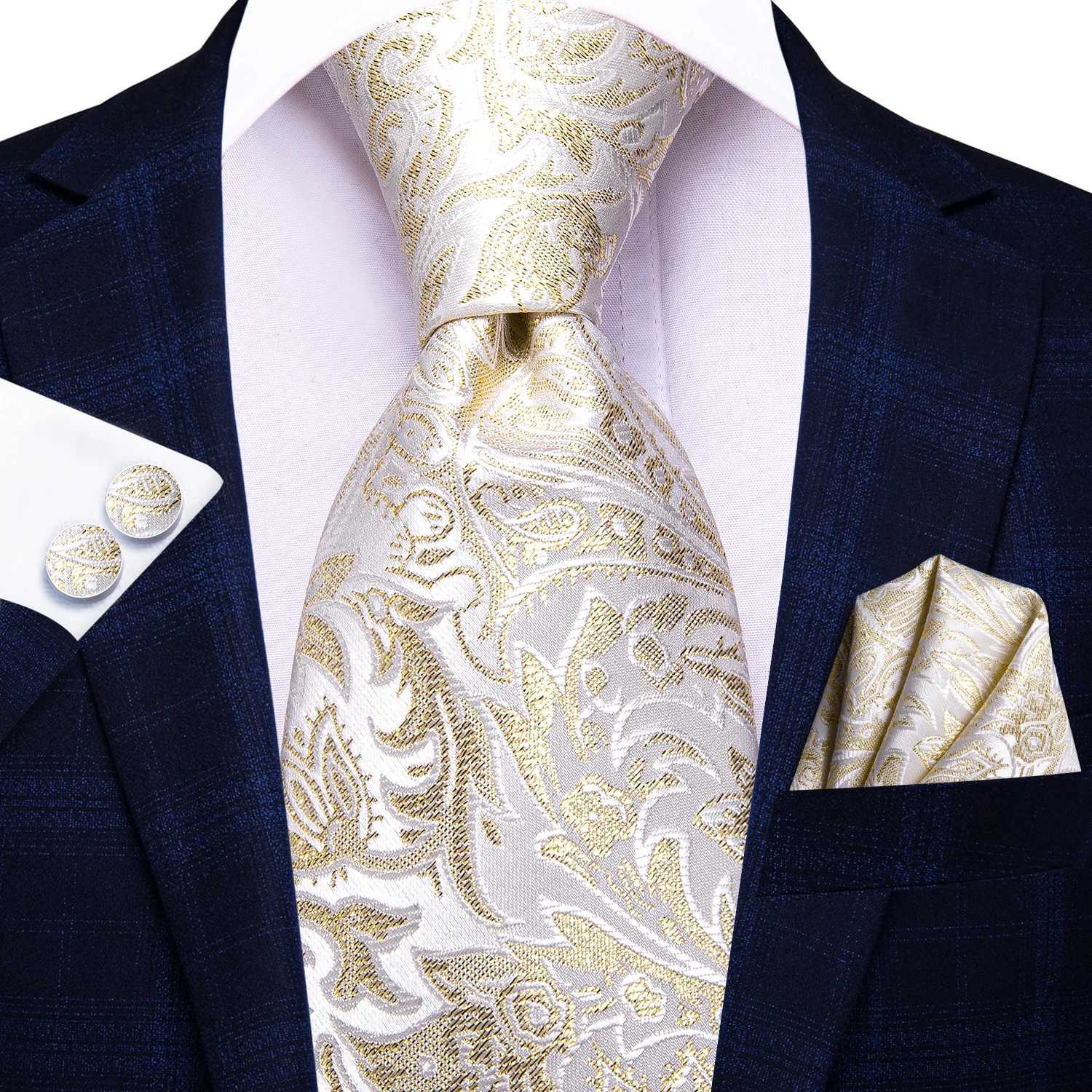 Hi-Tie Champagne Gold-color Silk Mens Elegant Ties Fashion Mens Necktie Pocket Square Cufflinks Set Business Party Wedding X2504071