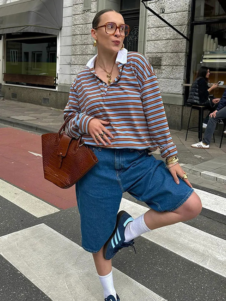 Fashion Stripe Printed Polo Shirts Women Long Sleeves Turn Down Collar Loose Short Blouses 2025 Spring Casual Street Outfits 250408