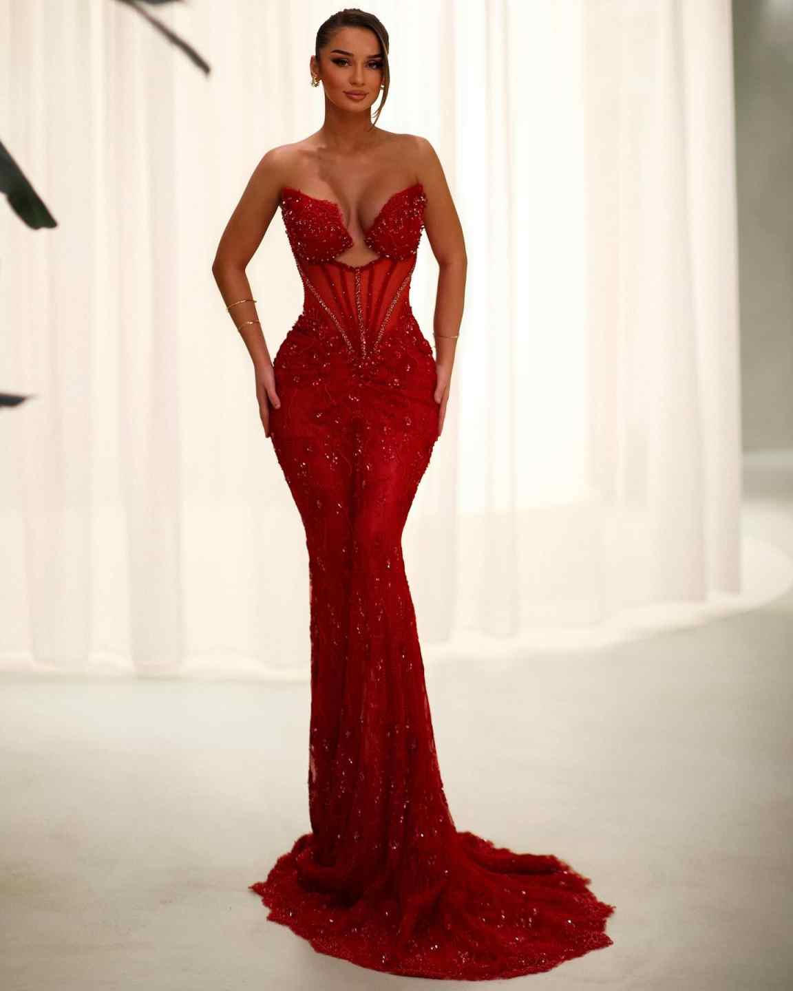 Red Sequined Prom Dresses Luxury Lace Appliques Mermaid Party Evening Gowns Long Sleeve Birthday Dress Robe Customized