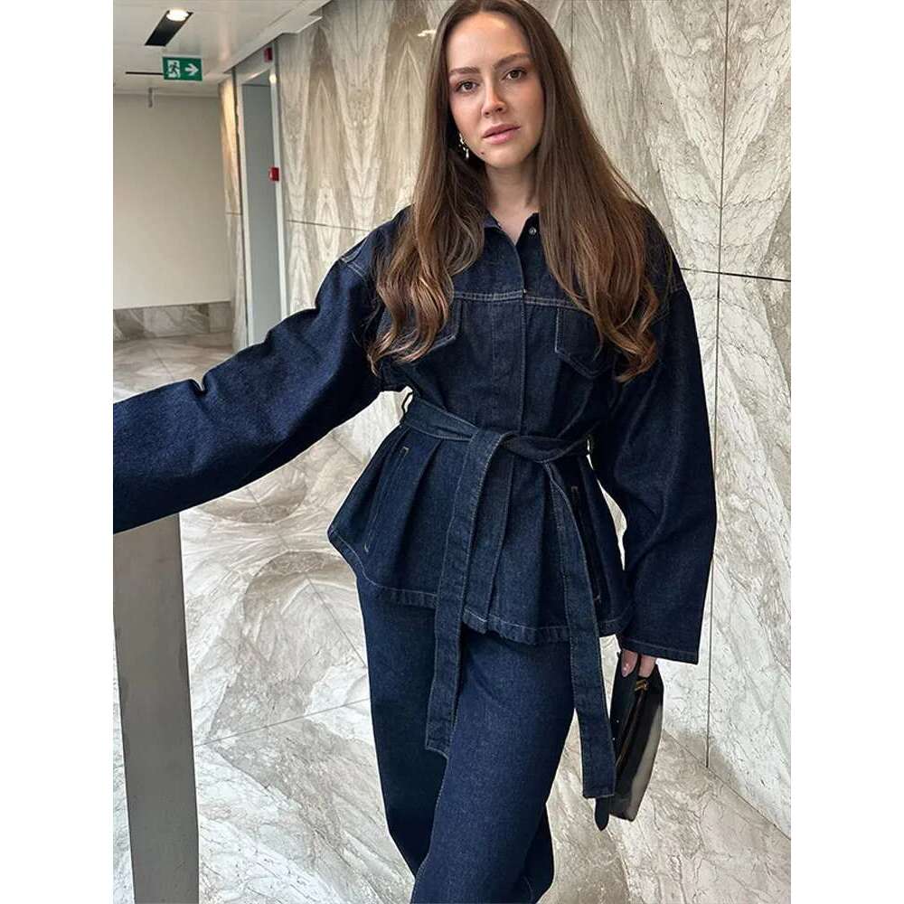 Casual Denim Jacket Pants Set Women Lace Up Lapel Pocket Single Breasted Coat Straight Jeans 2025 Spring High Street Outfit Lady
