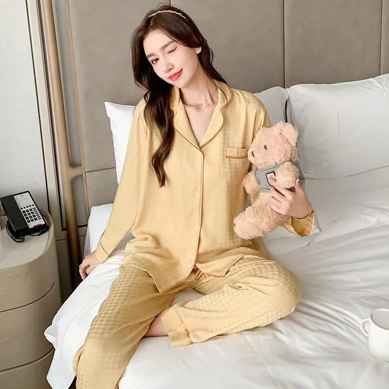 Four Seasons Nightwear Casual Plaid Pajamas Ice Silk Long Sleeve Jacquard Plaid Cardigan Student Pajamas Homewear Two-Piece Set 250408