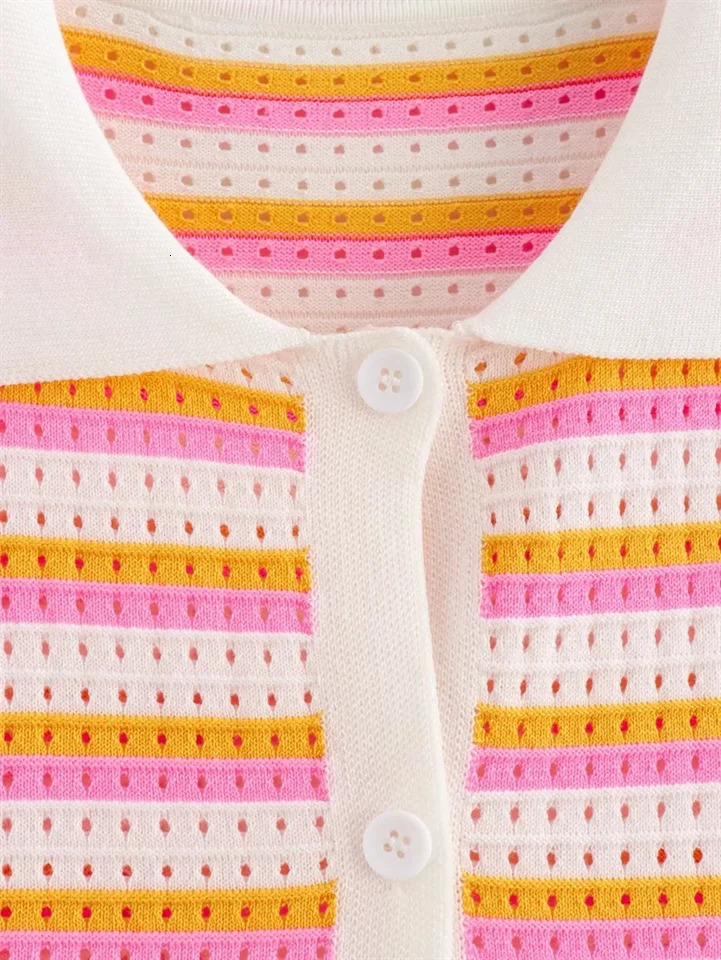 Knitted hollow single chest shirt high waist casual shorts set fashionable color blocking two-piece set 250401