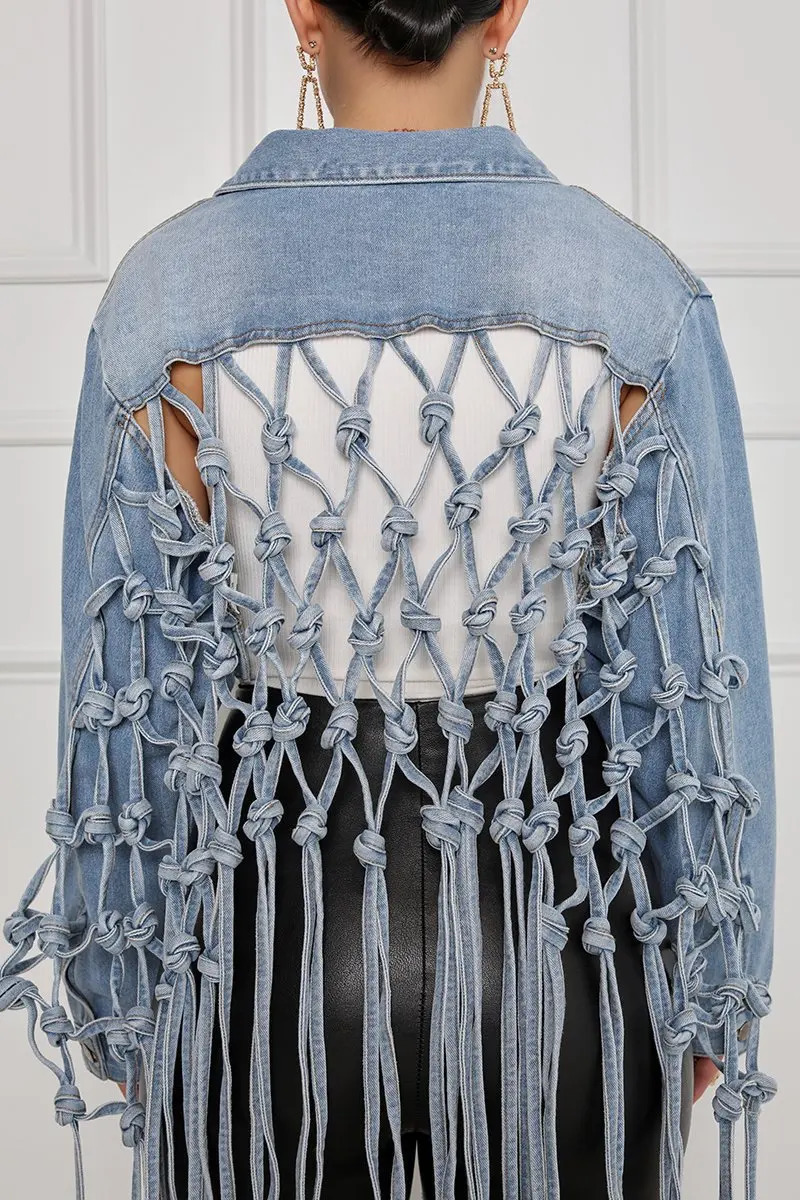 Womens Spring Jacket Denim Trimmed Mesh Tassel Sexy n Retro Coat Oversized Y2K Short Jeans 250407