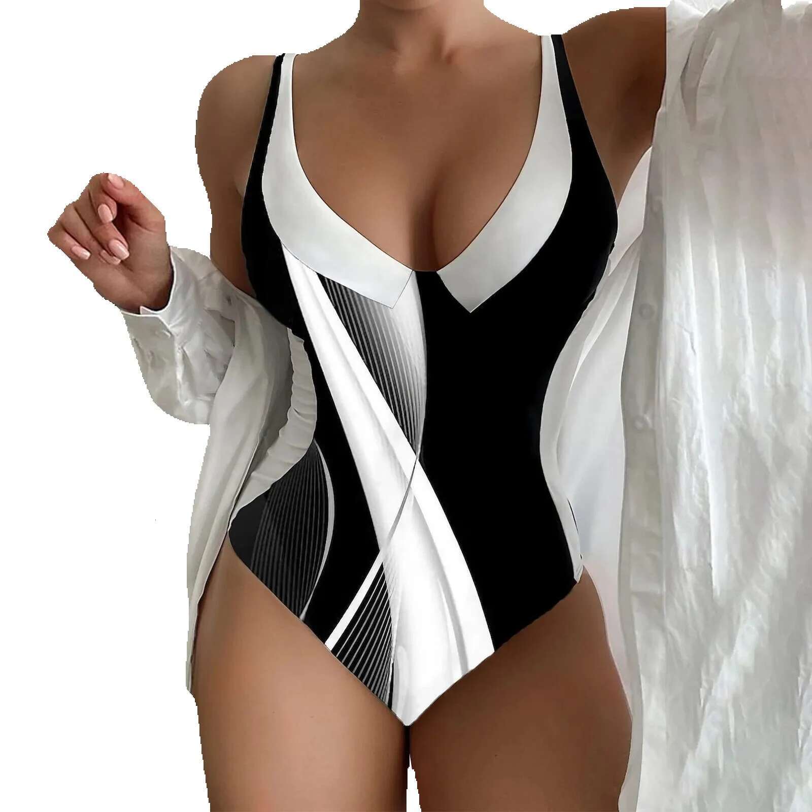 Women's high waisted one-piece swimsuit, push up, padded, V-neck, beachwear, bodysuit