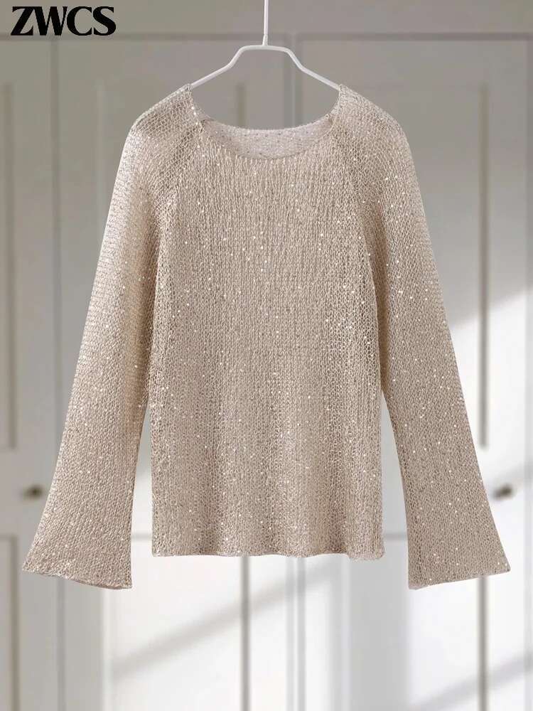 Fashion Sequins Hollow Out Pullover Women Loose O-Neck Long Sleeve Sweater 2025 Spring New Lady Knit Shiny Shirt Tops Streetwear