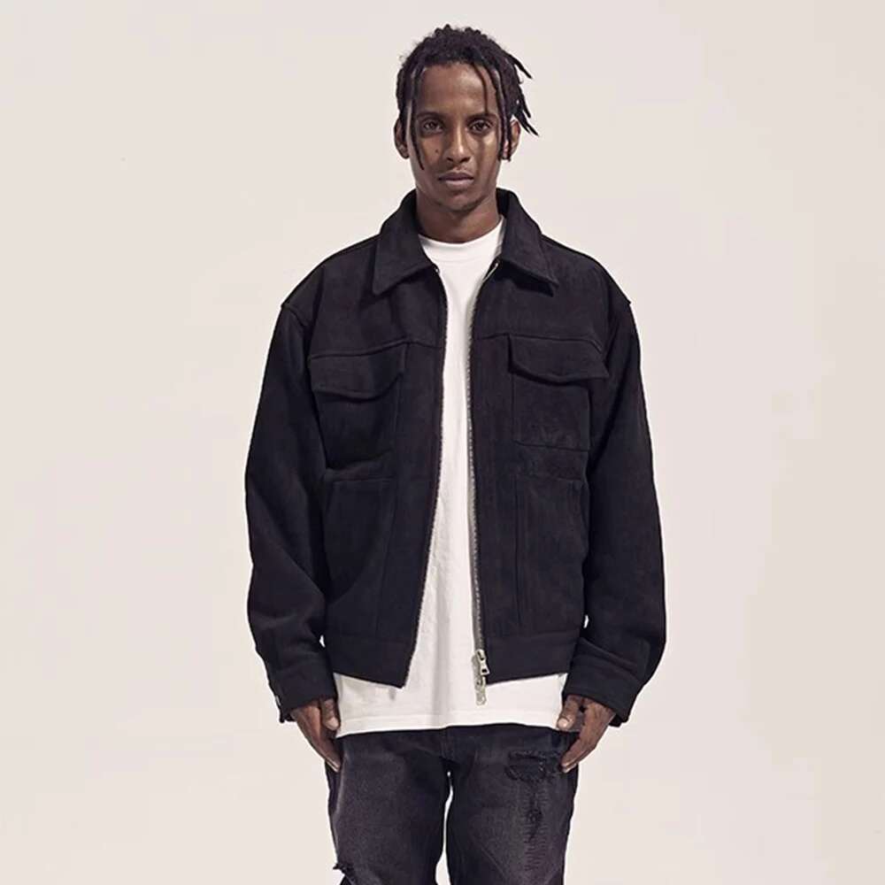 Multi-Pocket Suede Jacket Mens Autumn Winter Retro Solid Color Lapel Loose Casual Long Sleeve Zipper Outerwear Men