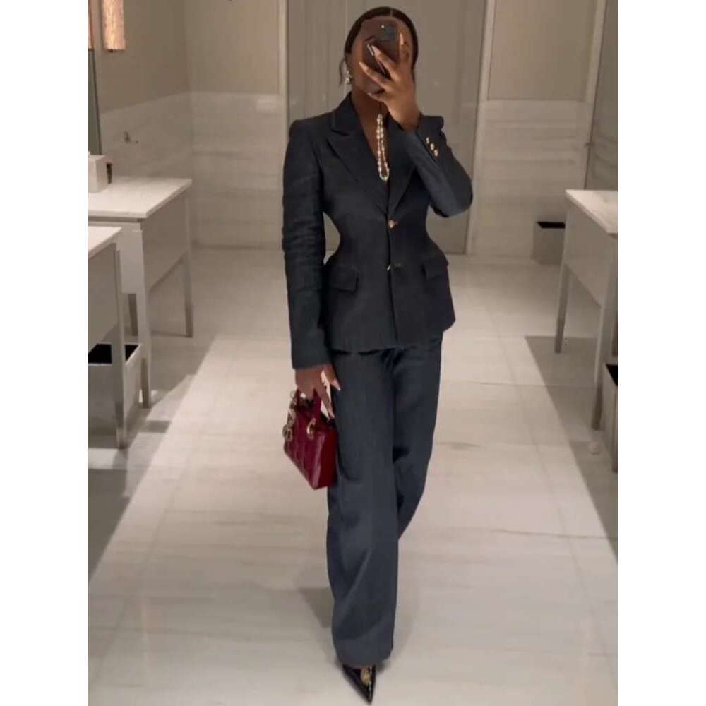 2025 Street Denim Suit Long Pants Sets Women Chic Lapel Blazer Jacket V-Neck Vest Wide Leg Pant Office Lady 3 Pieces Suits