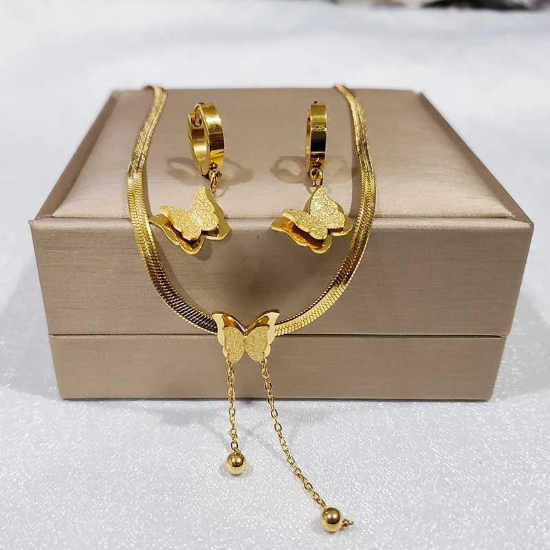 316L Stainless Steel Gold-plated Frosted Butterfly Pendant Snake Bone Chain Tassel Necklace Earring Jewelry Set Y250408