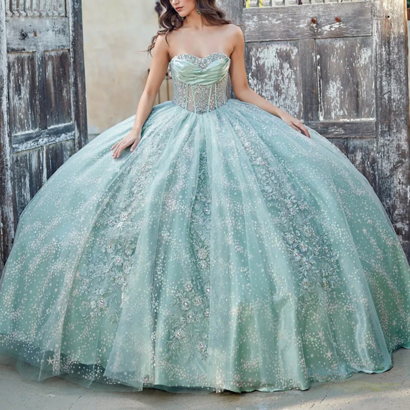 Mint Green Shiny Quinceanera Dresses Off Shoulder Ball Gown Sweet 16 Dress Applique Lace Beads Tull Birthday Party Vestidos 15 De Anos