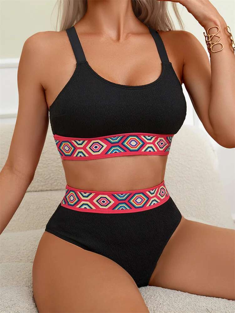 Dongdumaoyi High Waist Bikini Women S Swimsuit Vintage Black Patchwork Push Up Bikinis Sets Bathing Suit Two Piece Swimwear Traje De Ba O