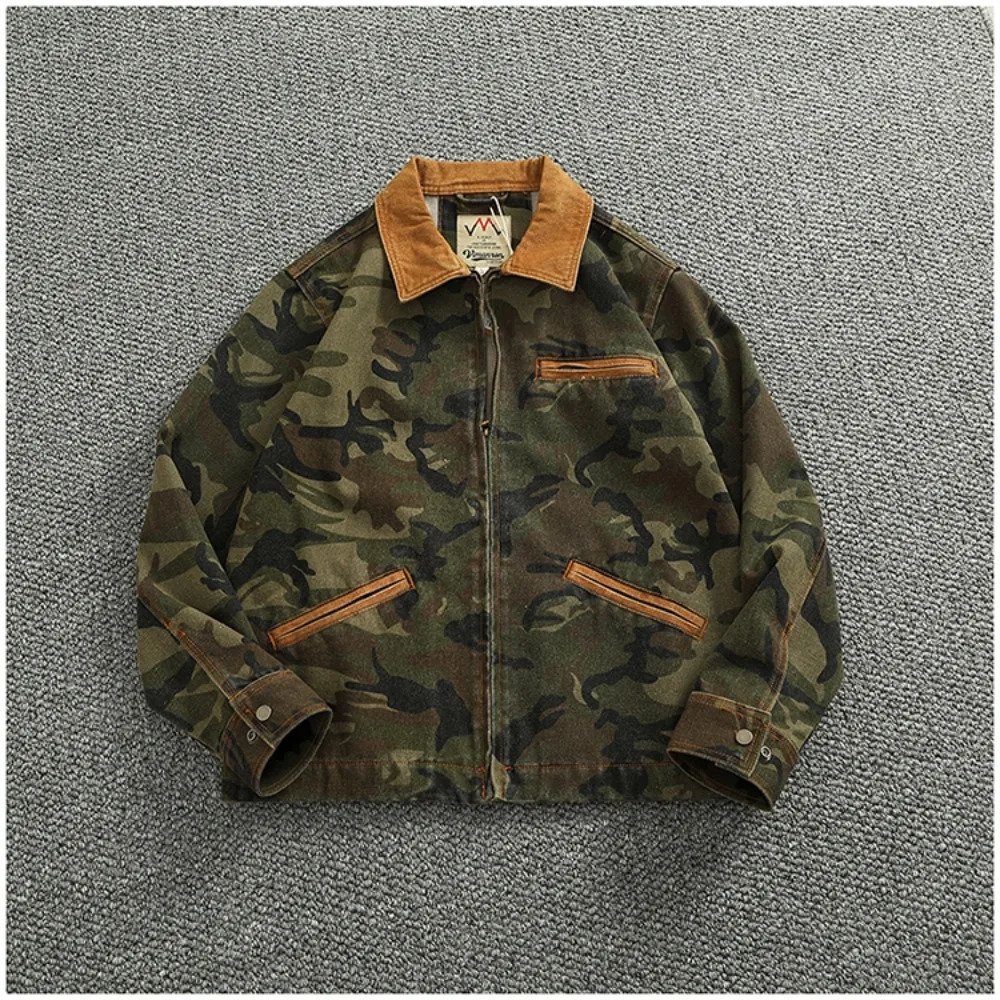 Mens Spring Casual Camouflage Jacket Retro Detroit Color Comparison Splicing Work Collar Heavy Cargo Jacket 250403