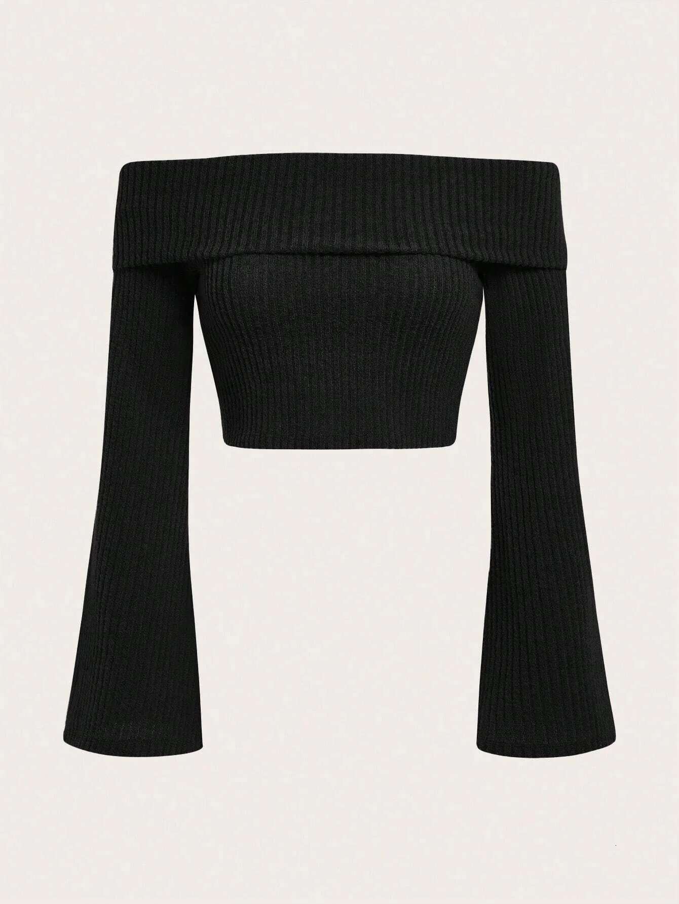 Sexy Off Shoulder Flare Sleeve Crop Top Women Fall Spring 2024 Solid Rib-Knit Fleece Cropped Blouse T Shirts Streetwear Y2k