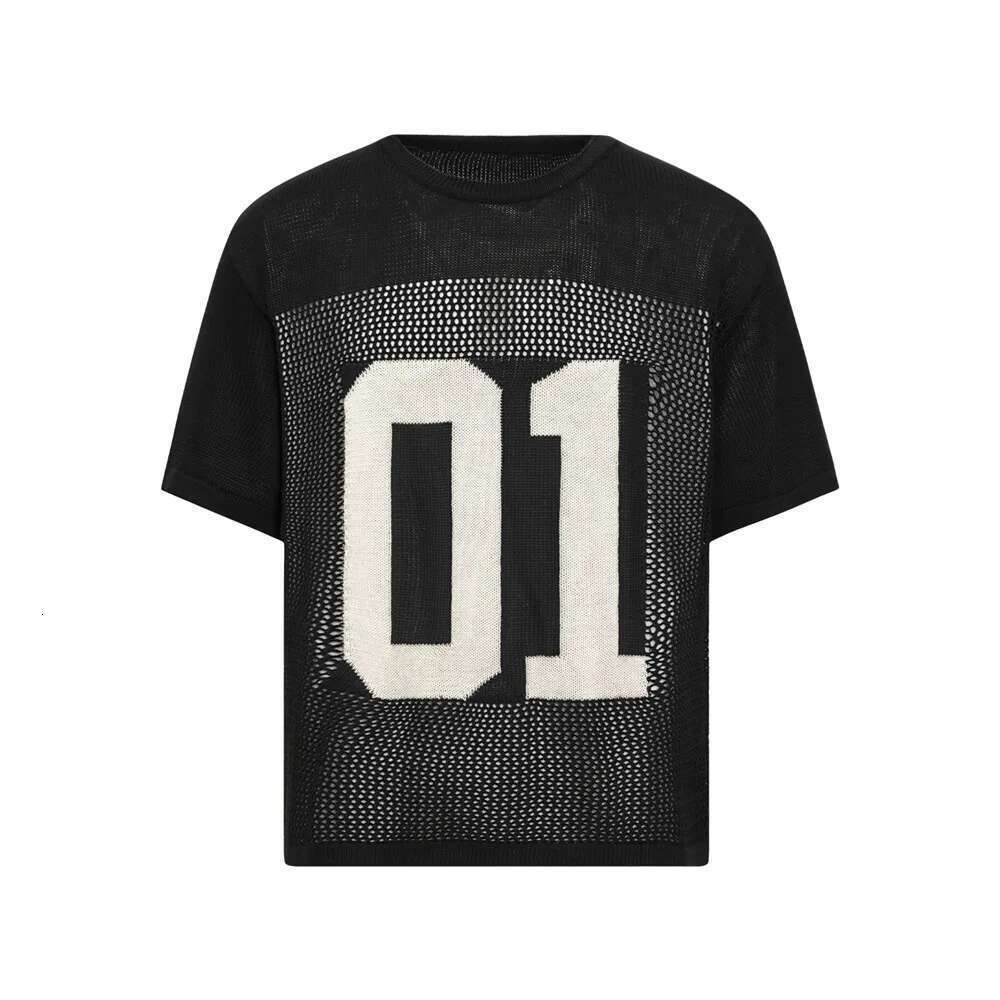 Hollow Out Letter Jacquard Knitted T-Shirt Mens Summer High Street Loose Crew Neck Half-Sleeve Breathable Tee Men