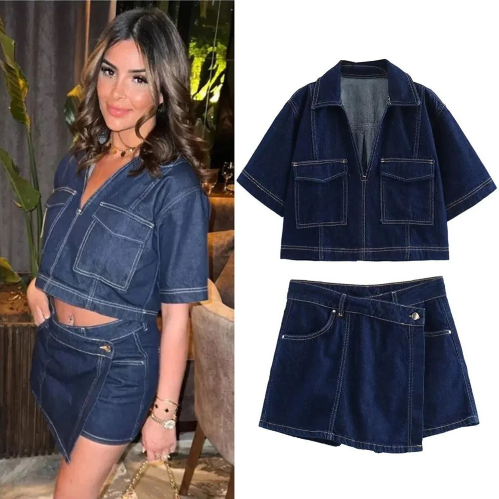 Spring Womens Fashion Temperament Casual Versatile V-neck Short Denim Shirt Double Breasted Denim Skirt Set 250408