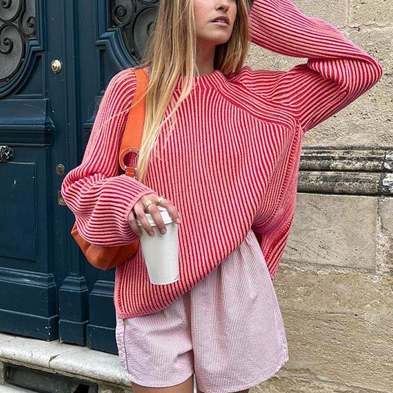 Fall clothes for women, women's two-tone design sweater, loose huge round neck casual comfortable and versatile pullover top, Valentine's Da