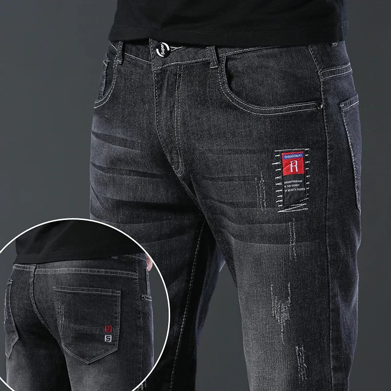 Fashionable mens clothing fashionable elastic ultrathin gray denim jeans thin high street small feet pants 250401
