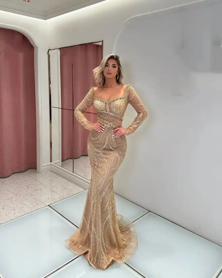 Chic And Elegant Prom Party Dresses With Full Sleeve Lace Beads Sequins Appliques Floor Length Plus Size Formal Special Occasion Vestido De Noite