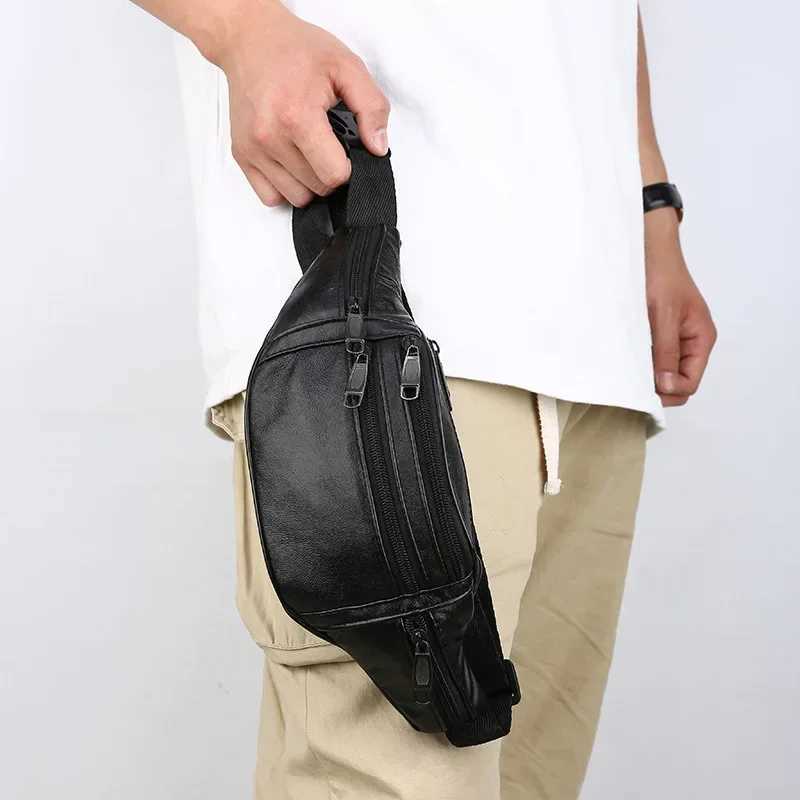 Leather mens waist bag thin outdoor sports tactical pad mens mini running Fanny bag cross body chest money strap bag Z250407