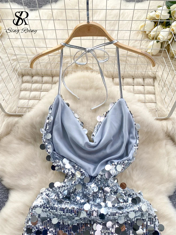 SINGREENY Halter Squeuins sexy dress womens V-neck feather backless slim fit elegant shiny evening party dress 250402
